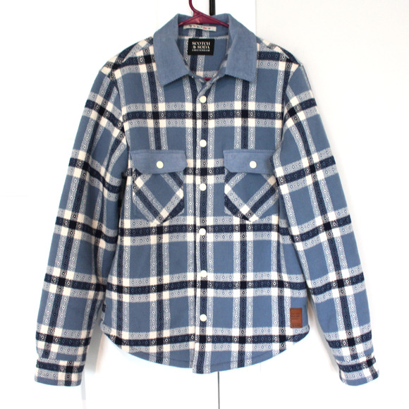 Scotch & Soda Blue White Aztec Check Sherpa Lined Corduroy Jacket Small Shacket - Picture 2 of 8